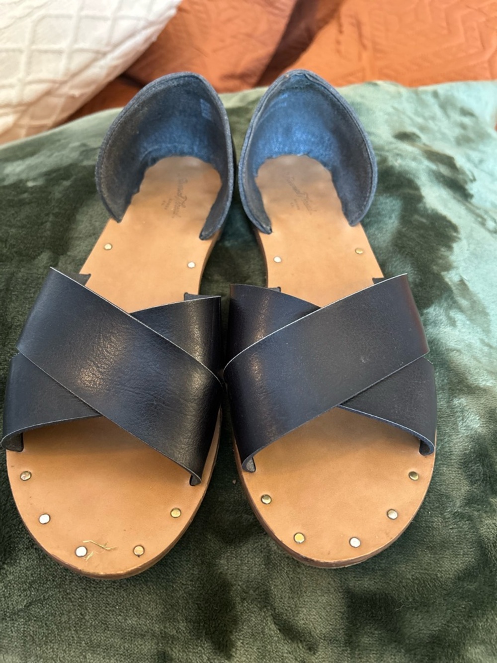 Women's Black Leather Cross-Strap Slide Sandals